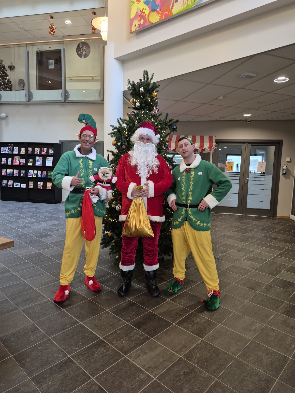 De kerstman en de elfen bij de kerstboom